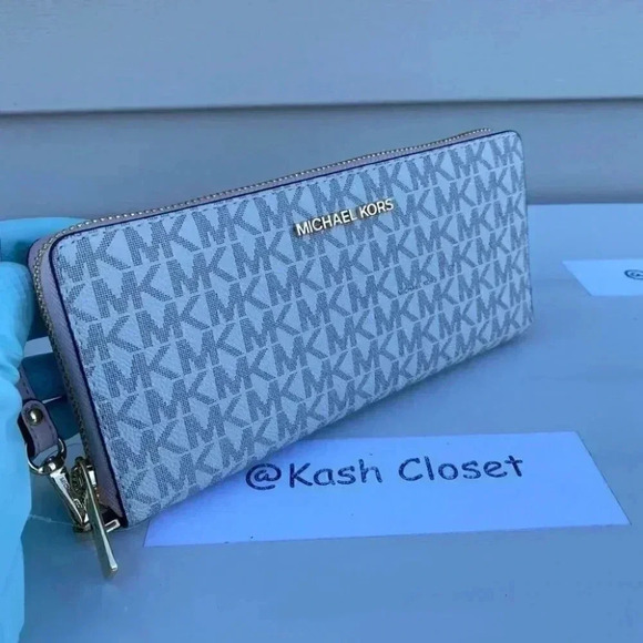 Michael Kors Travel Continental Wristlet Large MK Signature Powder Blush Multi - Picture 1 of 6